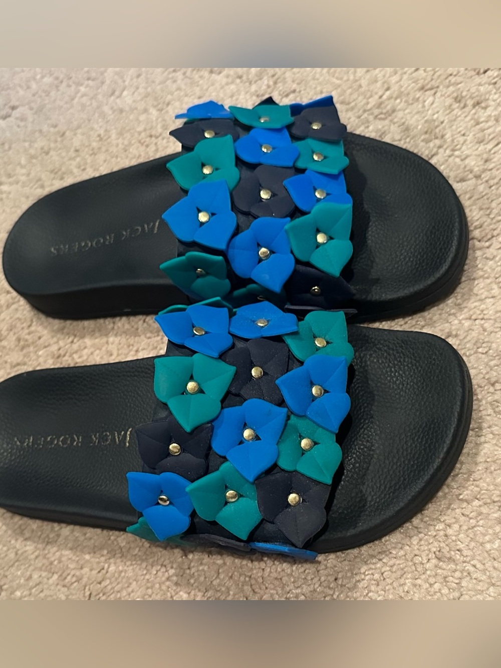 Jack Rogers Black Slide Sandals with Blue & Teal Floral Accents